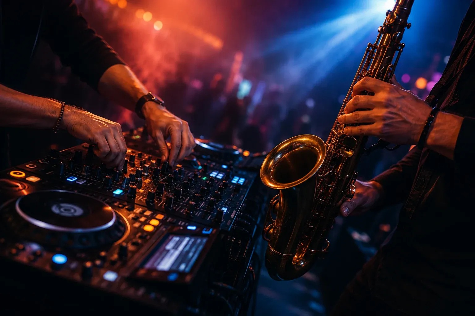 DJ og saxofonist spiller sammen til event